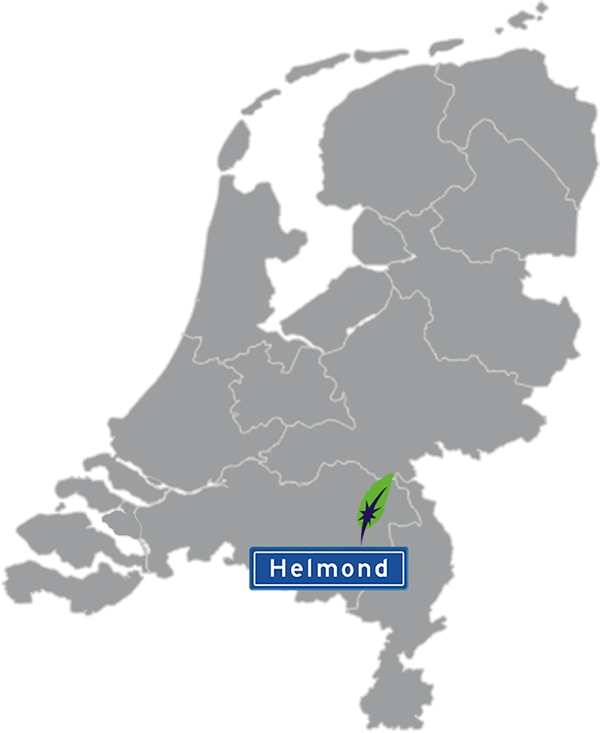 Landkaart Nederland grijs - locatie Dagnall Taleninstituut in Helmond - aangegeven met blauw plaatsnaambord met witte letters en Dagnall veer - op transparante achtergrond - 600 * 733 pixels